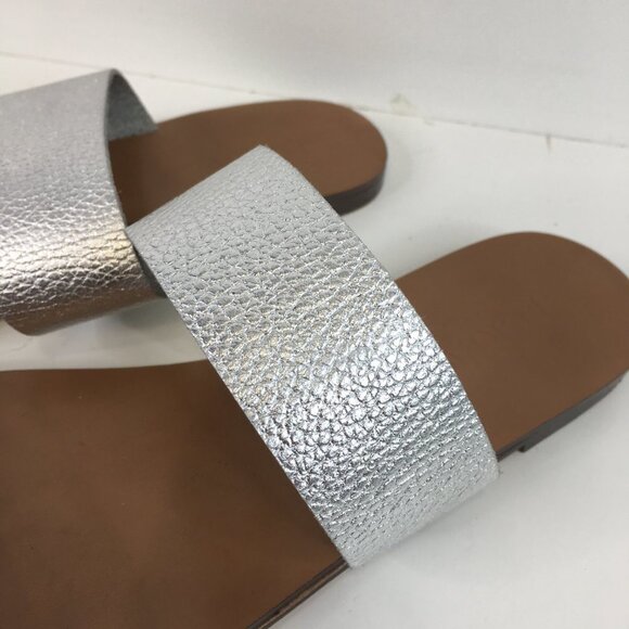 J.Crew Metallic Silver Tan Double Strap Slip On Sandals Size 7 - Picture 5 of 9